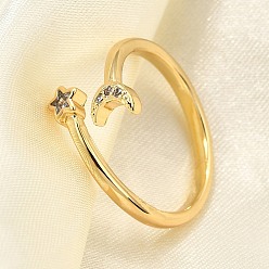 Настоящее золото 18K Латунные кольца-манжеты с микропаве и прозрачным цирконием для женщин, без кадмия, без никеля и без свинца, Луна и звезды, реальный 18 k позолоченный, внутренний диаметр: 17.9 мм