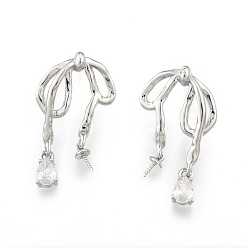 Real Platinum Plated Brass Pave Clear Cubic Zirconia Stud Earring Findings, for Half Drilled Beads, Bowknot, Cadmium Free & Nickel Free & Lead Free, Real Platinum Plated, 30x16.5mm, Pin: 0.7mm and 0.9mm(for half drilled beads)