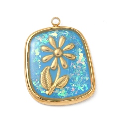 Темно-Голубой 304 подвески из нержавеющей стали, эпоксидной смолы, с натуральными ракушками и пайетками внутри, прямоугольник с цветочными подвесками, реальный 18 k позолоченный, вакуумное покрытие pvd, глубокое синее небо, 23x18x3 мм, отверстие : 1.5 мм