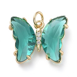 чирок Кулон из латуни с прозрачным кубическим цирконием, со стеклом, бабочка, золотые, зелено-синие, 15x19x4.5 мм, отверстие : 3.5 мм