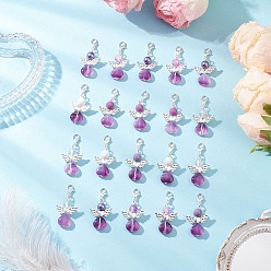 Фиолетовый 20шт стеклянные подвесные украшения, ангел в форме сердца, с застежками-карабинами из сплава и сплава, фиолетовые, 43 мм