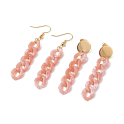 Dark Salmon Chunky Acrylic Curb Chain Long Drop Earrings, 1Pair Stud & 1Pair Dangle Earrings, Brass Jewelry for Women, Dark Salmon, 63x17mm, 57x12mm, Pin: 0.7mm
