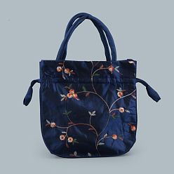 Prussian Blue Retro Rectangle Cloth Drawstring Women Wristlets, with Handles, Embroidery Flower Pattern, Prussian Blue, 21x20x6cm