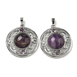 Аметист Подвески из натурального аметиста , покрытие стойки латунные полые плоские круглые подвески, без кадмия и без свинца, платина, 36.5x33x9.5 мм, отверстие : 7.5x5 мм