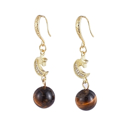 Tiger Eye Natural Tiger Eye Round Beads Dangle Earrings, with Brass Micro Pave Cubic Zirconia Links, Brass Earring Hooks and Jewelry Box, Moon, 45mm, Pin: 0.7x0.5mm