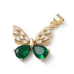 Зеленый Покрытие стойки латунь микропаве прозрачные подвески из кубического циркония, со стеклом, без свинца и без кадмия, долговечный, реальный 18 k позолоченный, очарование бабочки, зелёные, 24x22x4 мм, отверстие : 5x3 мм