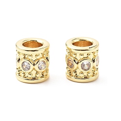 Настоящее золото 18K Колонна латунные микропаве прозрачные кубические цирконии европейские бусины, бусины с большим отверстием, стойки покрытие, без свинца и без кадмия, долговечный, реальный 18 k позолоченный, 8x7.5 мм, отверстие : 4 мм