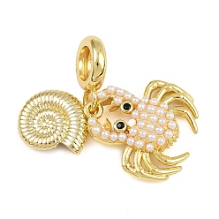 Настоящее золото 18K Латунный паве абс имитация жемчуга в форме ракушки краба европейские подвески, подвески с большими отверстиями в виде морских животных и черными кубическими цирконами, стойки покрытие, долговечный, без кадмия и без свинца, реальный 18 k позолоченный, 30 мм, отверстие : 5.5 мм