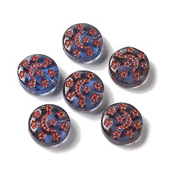 Стально-синий Прозрачные бусины лэмпворк, плоский круглый с луной и звездами, стальной синий, 13x5 мм, отверстие : 1 мм, Около 70~82 шт / 100 г