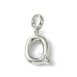 Letter Q Покрытие стойки латунь с АБС-пластиком жемчуг европейские подвески, Подвески с большими отверстиями, долговечный, без свинца и без кадмия, платина, Буква Q, 22.5 мм длиной, отверстие : 5 мм, Кулон : 14.5x11x5 мм