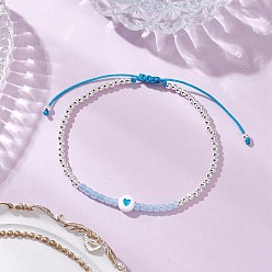 Темно-Голубой Латунные круглые бусины плетеные браслеты из бисера для женщин, сердце, с вощеным шнуром и акриловыми и стеклянными бусинами, глубокое синее небо, внутренний диаметр: 2-1/8~3-1/8 дюйм (5.4~8 см)