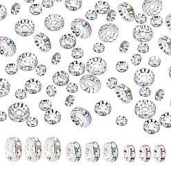 Crystal AB 120Pcs 3 Style Brass Rhinestone Spacer Beads, Grade A, Straight Flange, Silver Color Plated, Rondelle, Crystal AB, 6~10x3~4mm, Hole: 1~2mm, 40pcs/style
