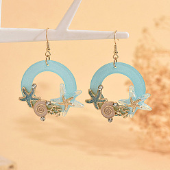 Sky Blue Alloy Enamel Dangle Earrings, Ring with Starfish, Resin & Rhinestone Dangle Earrings for Women, Golden, Sky Blue, 66x48mm