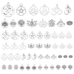 Plata Antigua 56 piezas 14 colgantes de aleación de estilo tibetano, Abalorios de aleación de estilo tibetano, sin plomo y cadmio, lotus & aum / om símbolo y anillo con estrella, plata antigua, 9~29x12~25x1.5~6.5 mm, agujero: 1~3 mm, 4 piezas / estilo
