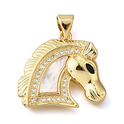Настоящее золото 18K Подвески в форме ракушек из латуни с микропаве и кубическим цирконием, без кадмия и без свинца, голова лошади, реальный 18 k позолоченный, 19x21x3 мм, отверстие : 4x5 мм