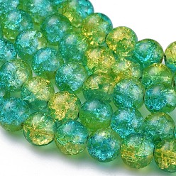 Medium Turquoise Spray Painted Crackle Glass Beads Strands, Round, Two Tone, Medium Turquoise, 8mm, Hole: 1.3~1.6mm, about 100pcs/strand, 31.4 inch