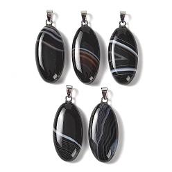 Banded Agate Dyed & Heated Natural Black Banded Agate Pendants, with 304 Stainless Steel Snap on Bails, Oval Charm, 44x20x8mm, Hole: 7x4mm