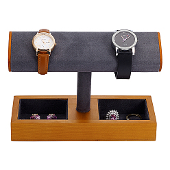 Шифер Серый Т-образная деревянная стойка с бархатной обивкой, подставки для часов с прямоугольными лотками для колец, ожерелий и сережек., шифер серый, 20.3x7.5x14.7 см