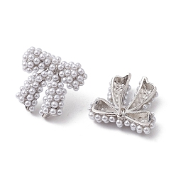 Platinum Bowknot Brass Stud Earrings, with Plastic Pearl, Long-Lasting Plated, Lead Free & Cadmium Free, Platinum, 20x21.5mm