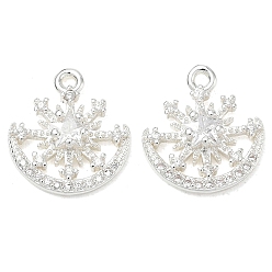 Silver Brass Micro Pave Clear Cubic Zirconia Charms, Snowflake with Moon Charms, Silver, 14x13x3.5mm, Hole: 1.2mm