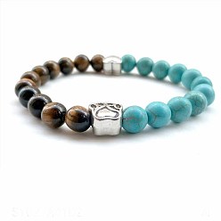 Смешанные камни Браслеты из натуральных круглых бусин тигрового глаза и синтетической бирюзы, ювелирные изделия из сплава с отпечатками лап для женщин и мужчин