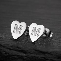 Letter M Сердце 201 нержавеющей стали серьги, цвет нержавеющей стали, Буква М, 10x10 мм