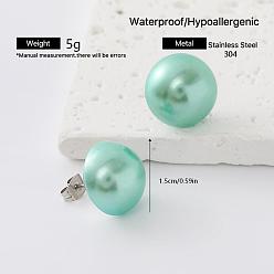 Turquoise 304 Stainless Steel Freshwater Pearl Round Stud Earrings for Women, Stainless Steel Color, Turquoise, 15mm