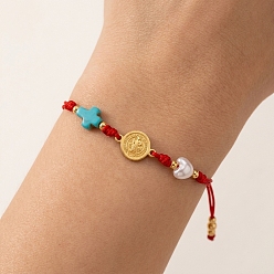 Golden Religion Dyed Synthetic Turquoise Cross and Imitation Pearl Braided Bead Bracelets, Adjustable Brass Coin Handmade Red Cord Bracelets, Golden, 11.02 inch(28cm)