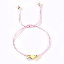 Pink Браслеты с подвесками из искусственного жемчуга, Регулируемые латунные браслеты из плетеных бусин для женщин, сердце, с волоконным шнуром, розовые, 11.02 дюйм (28 см)