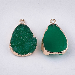 Dark Green Electroplate Druzy Resin Pendants, with Iron Findings, teardrop, Light Gold, Dark Green, 26~27x17.5x8.5mm, Hole: 1.6~1.8mm