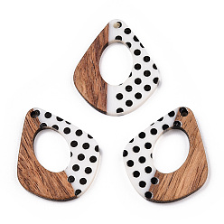 White Printed Opaque Resin & Walnut Wood Pendants, Hollow Kite Charm with Polka Dot Pattern, White, 32.5x27.5x3.5mm, Hole: 2mm