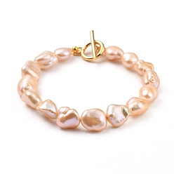 Персиковый Слойка Браслеты с жемчугом кеши из натурального жемчужного барокко, с позолоченными 304 застежками из нержавеющей стали, розовые, 7-1/2 дюйм ~ 7-5/8 дюйм (19~19.5 см)
