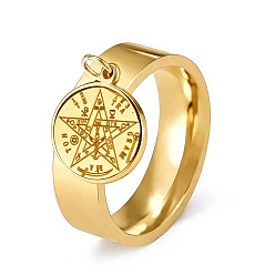 Золотой 304 палец кольца из нержавеющей стали, плоский круглый с тетраграмматоном, золотые, размер США 8 (18.1 мм)
