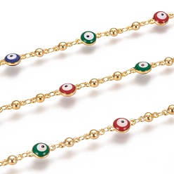 Real 18K Gold Plated Handmade Brass Link Chains, with Enamel and Spool, Cadmium Free & Lead Free, Soldered, Long-Lasting Plated, Round & Evil Eye, Colorful, Real 18K Gold Plated, 8x4x3mm and 11x6.5x4mm, about 32.8 Feet(10m)/roll