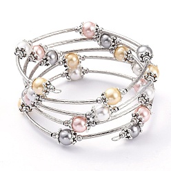 Разноцветный Модные браслеты с пятью петлями, с оболочкой жемчуг, 304 бусины из нержавеющей стали и стальная проволока с эффектом памяти, красочный, внутренний диаметр: 2-1/4 дюйм (5.7 см)