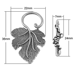 Античное Серебро Застежка тоггл из сплава, без кадмия, без никеля и без свинца, лист, античное серебро, Тоггл : 36x22x4.5 мм, отверстие : 1.5 мм, бар: 24x7x4.5 mm