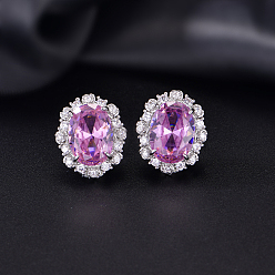 Pink Pendientes ovalados de latón con micro circonitas cúbicas para mujer., Platino, rosa, 20x16 mm