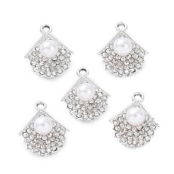 Platinum Alloy Rhinestone Pendants, with ABS Plastic Imitation Pearl Beads, Fan Charm, Platinum, 19.5x16x7.5mm, Hole: 2mm