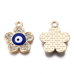 Bleu Foncé Pendentifs en émail , avec strass cristal, or et de lumière, sans cadmium et sans plomb, charmes de fleurs avec mauvais œil, bleu foncé, 18x15x3mm, Trou: 1.8mm