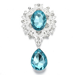 Светло-Синий Сплавные плоские задние кабошоны, с акриловыми стразами, овал и слеза, серебряный цвет гальваническим, граненые, голубой, 58x29x7 мм, Кулон : 24.5x13x7 мм