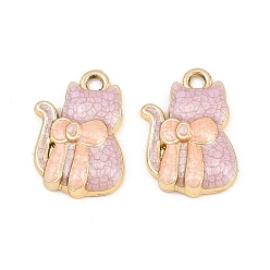 Purple Alloy Enamel Pendants, Cat Shape with Bowknot Charms, Golden, Purple, 19x13.5x4mm, Hole: 2mm