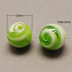 Lawn Green Handmade Lampwork Beads, Pearlized, Round, Lawn Green, 12mm, Hole: 2mm