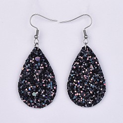 Black PU Leather Dangle Earrings, with 316 Surgical Stainless Steel Earring Hooks, teardrop, Black, 59~61mm, Pin: 0.7mm