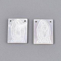 Морская Ракушка Подвески из натурального белого жемчуга, прямоугольник с резной девственницей, цвет морской раковины, 15x12x2.5 мм, отверстие : 0.8 мм