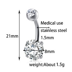 Clear Piercing Jewelry, Brass Cubic Zirconia Navel Ring, Belly Rings, with 304 Stainless Steel Bar, Lead Free & Cadmium Free, Flat Round, Platinum, Clear, 21x8mm, Bar: 15 Gauge(1.5mm), Bar Length: 3/8"(10mm)