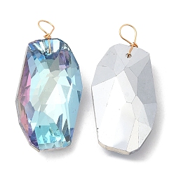 Бледно-бирюзовый Стеклянные подвески, с золотыми латунными петлями, граненые, полигон прелести, бледные бирюзовая, 37~38x17.5~18x9.5 мм, отверстие : 4 мм