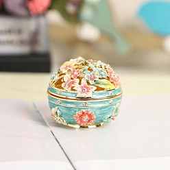 Turquoise Flower Alloy Enamel Box, with Rhinestone and Magnetic Clasps, for Ring, Necklaces, Pendant, Home Decoration, Turquoise, 5.3x4.4cm