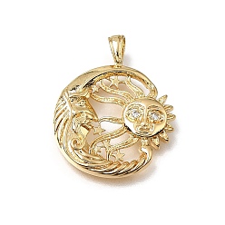 Chapado en Oro Real 18K Latón micro pavimenta claro colgantes de circonio cúbico, encantos de sol con luna, real 18 k chapado en oro, 25x20.5x3 mm, agujero: 3.5x2 mm