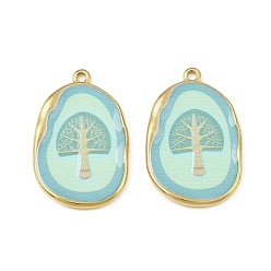 Средний Бирюзовый Печатные 304 подвески из нержавеющей стали, овальные с деревом, реальный 18 k позолоченный, вакуумное покрытие pvd, средне бирюзовый, 33.5x22x2.5 мм, отверстие : 2 мм