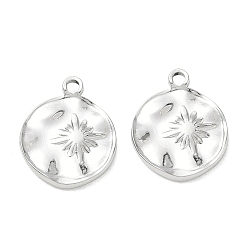 Color de Acero Inoxidable Colgantes martillados 304 de acero inoxidable, redondo plano con encantos de estrellas, color acero inoxidable, 18.5x15x2 mm, agujero: 2.5 mm